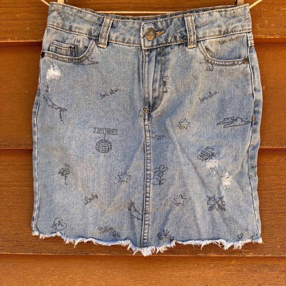 Dip Denim Adjustable Waist Skirt M (8-10) Girls Blue With Printed Graphics & Dis